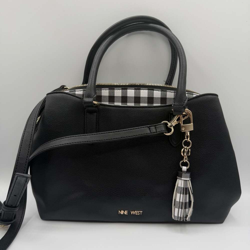 Nine West Black Satchel Handbag With Gingham Interior and Tassel
